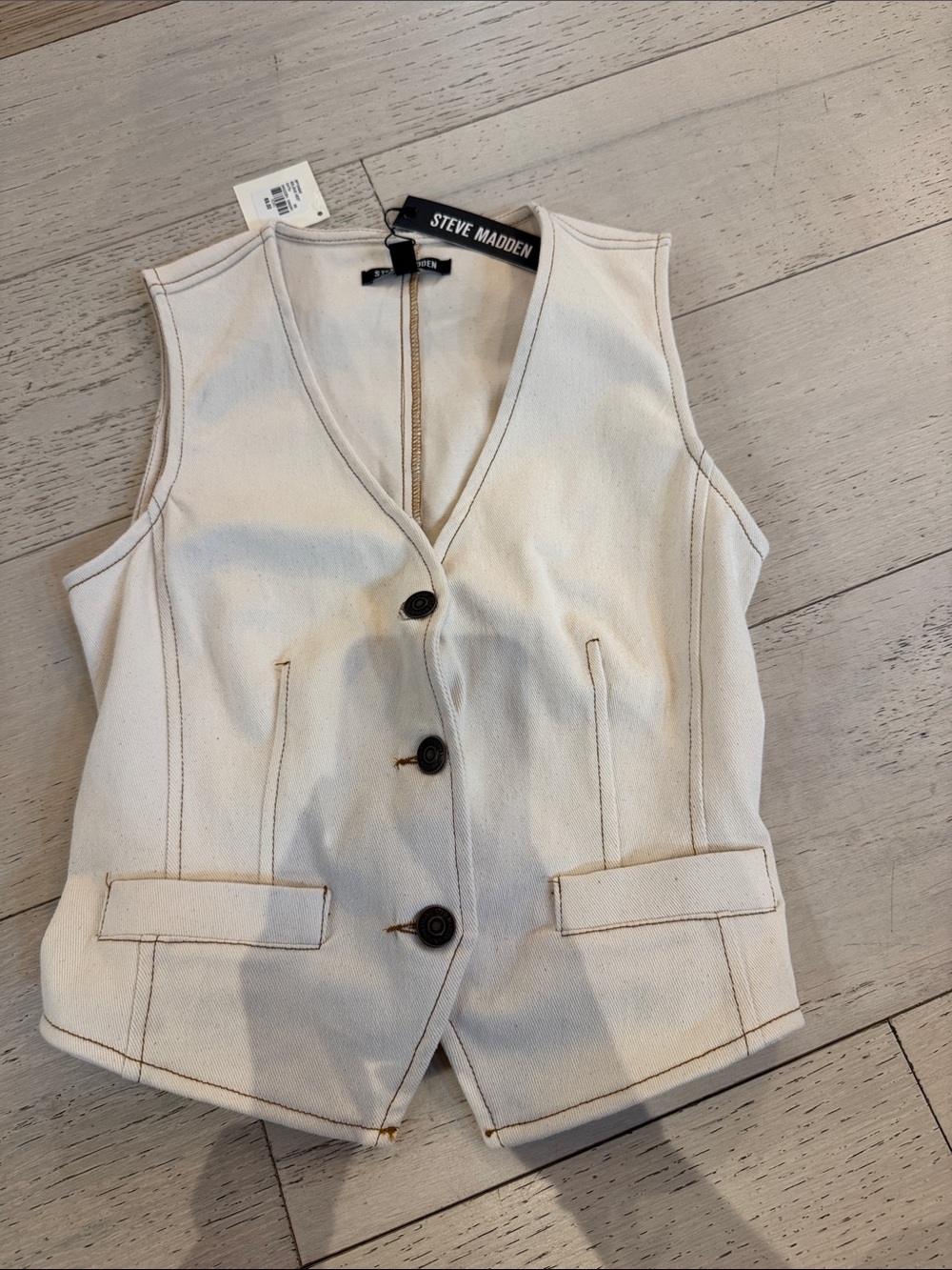 Steve Madden Cream Button Vest with Contrast Topstitching